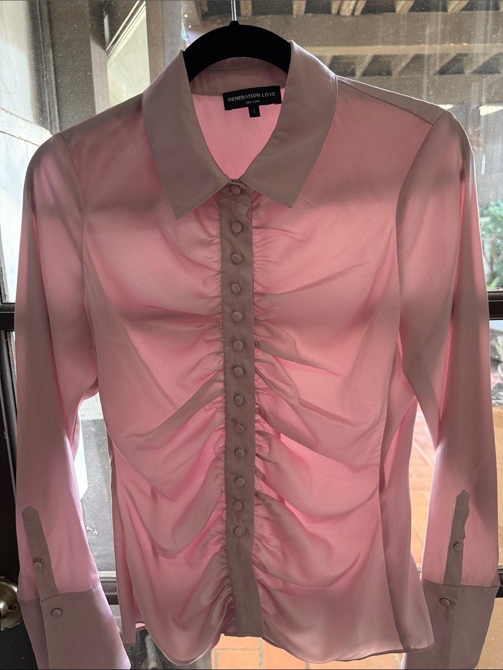 Generation Love Pale Pink Satin Ruched Button-Front Shirt